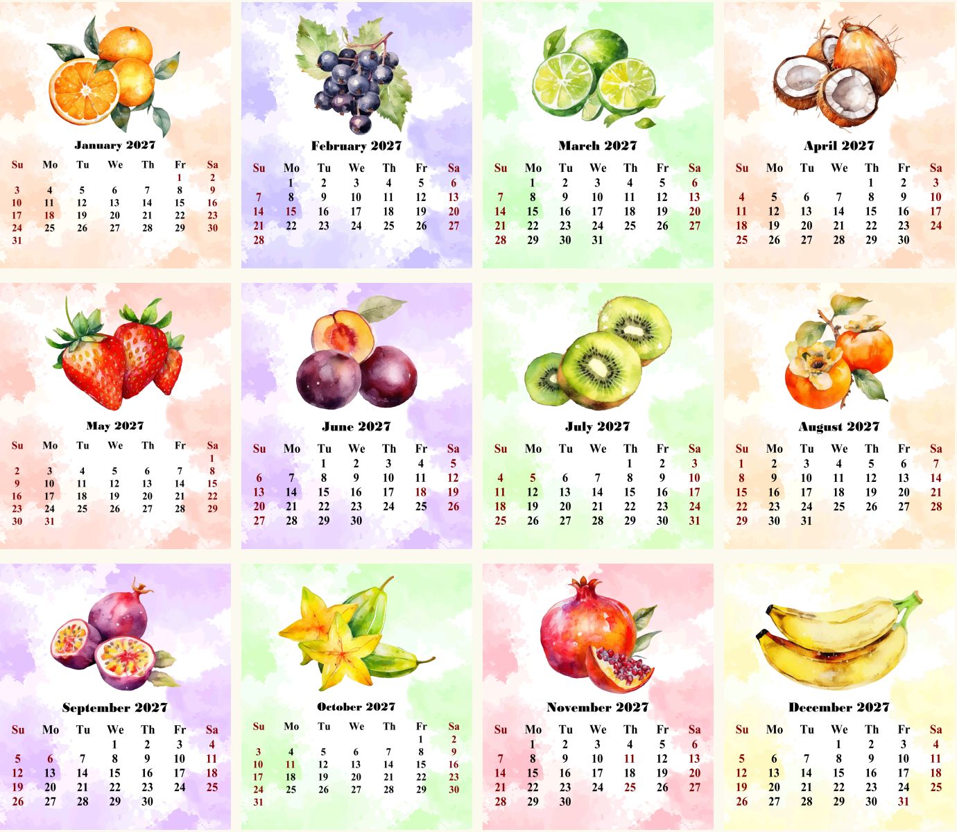 2027 CD-Style Desk Calendar 12 Months Calendar (Fruits & Berrier)