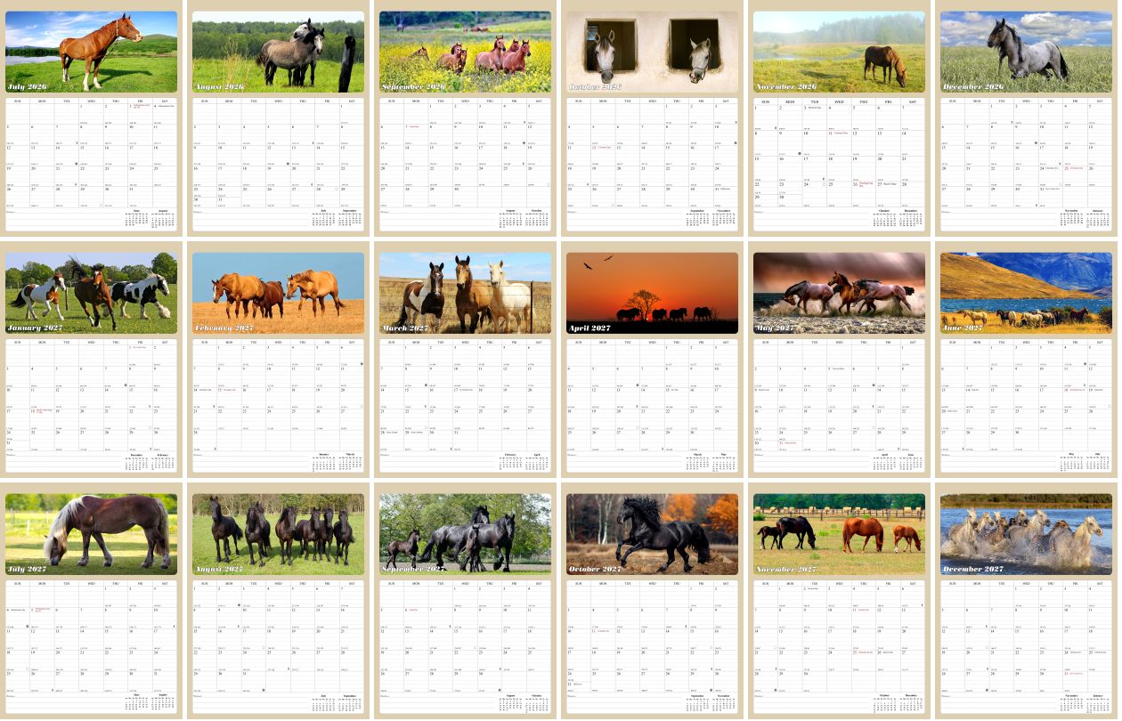 2027 Wall Calendar Spiral-bound Twin-Wire Binding - 12 Months Planner - Large Ruled Blocks with Julian Dates - (Horses)