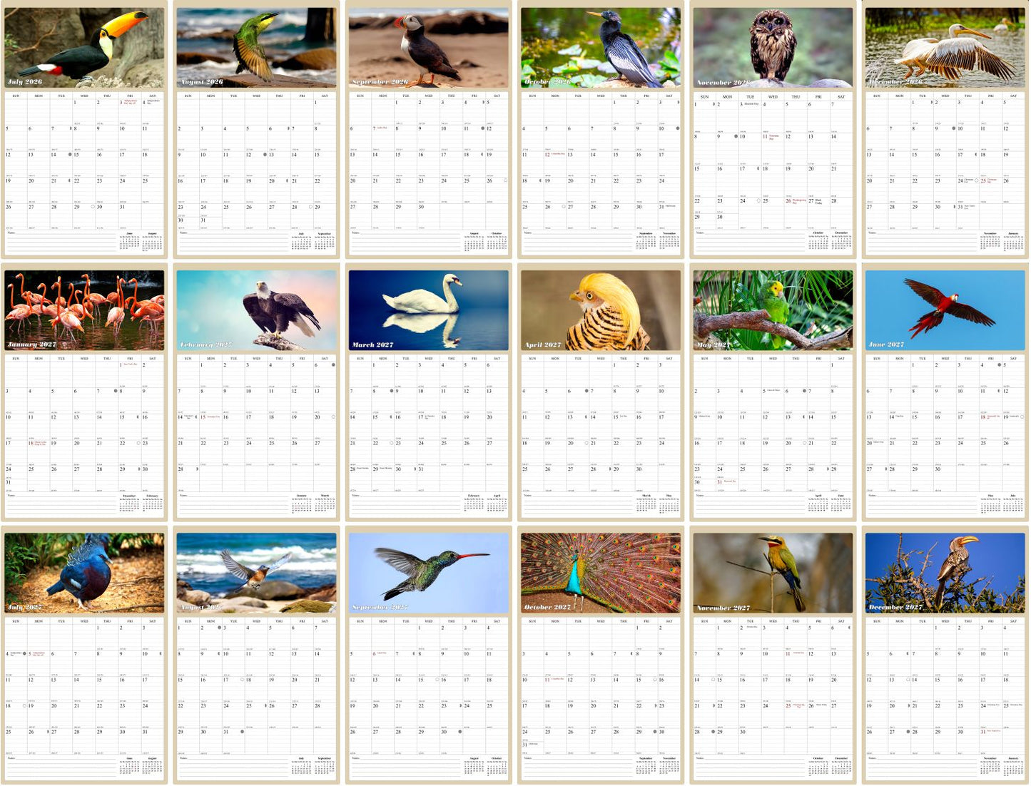2026 - 2027 Wall Calendar Spiral-bound Twin-Wire Binding - 18 Months Planner - Large Ruled Blocks with Julian Dates - (Birds)