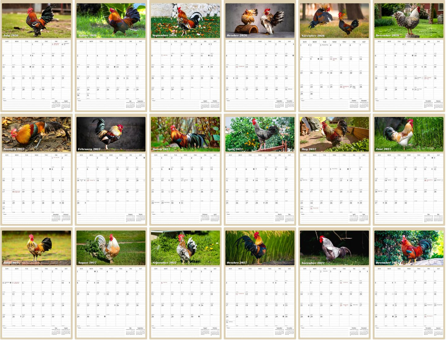 2026 - 2027 Wall Calendar Spiral-bound Twin-Wire Binding - 18 Months Planner - Large Ruled Blocks with Julian Dates - (Roosters)