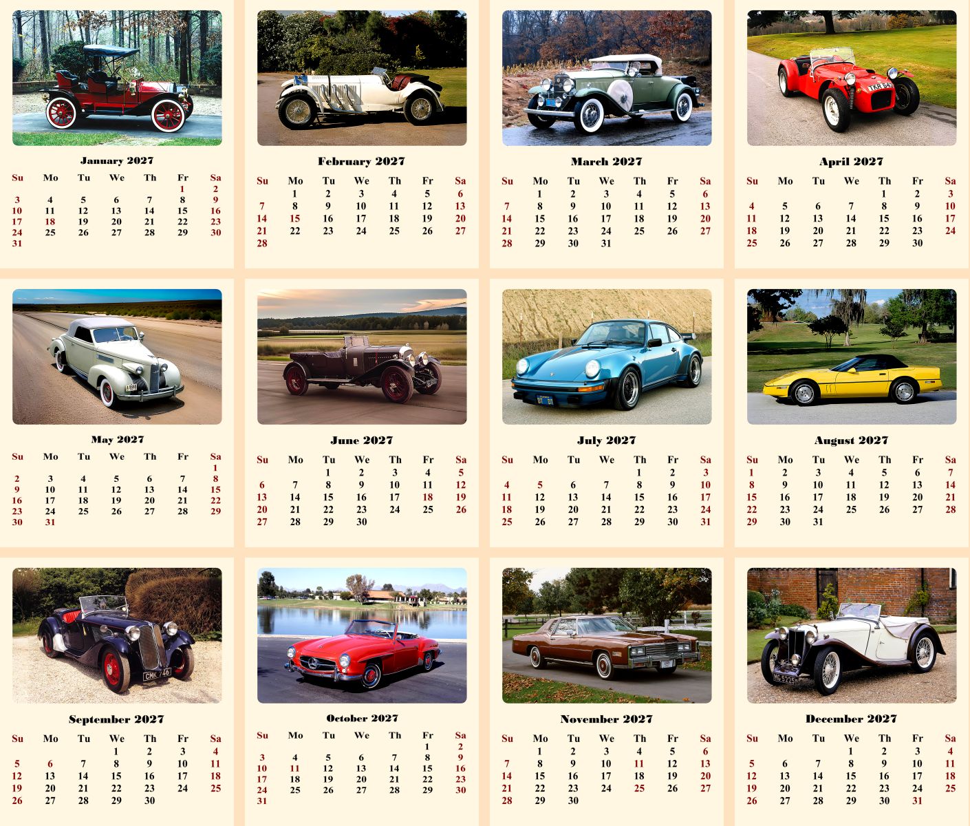 2027 CD-Style Desk Calendar 12 Months Calendar (Classic Cars)
