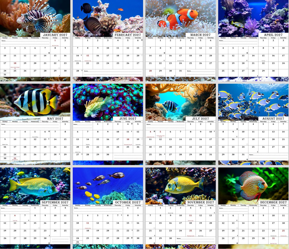 2026-2027 18 Months Standing Flip Desk Calendar Desktop Planner (Tropical Fishes)
