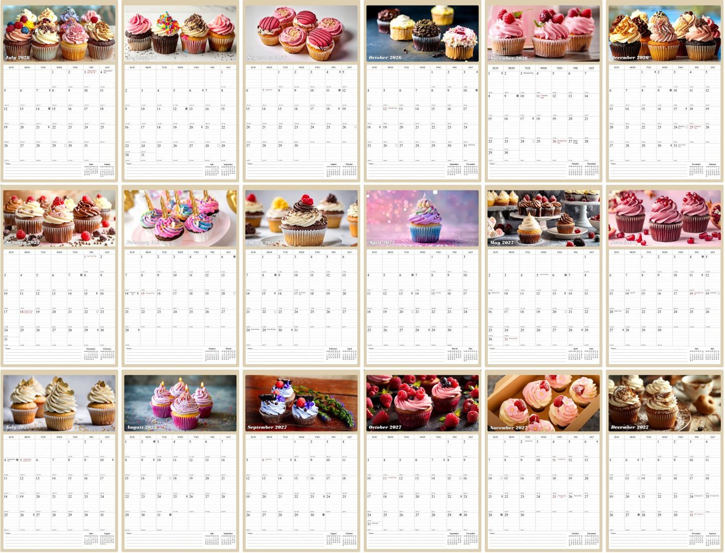 2026 - 2027 Wall Calendar Spiral-bound Twin-Wire Binding - 18 Months Planner - Large Ruled Blocks with Julian Dates - (Cupcakes)