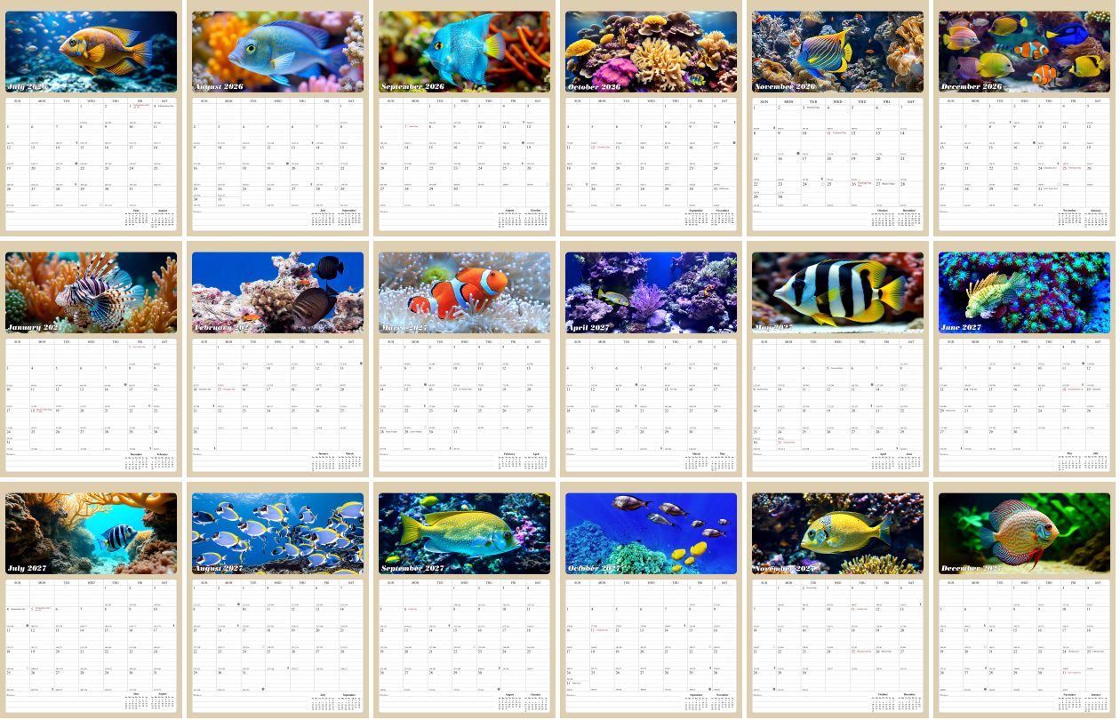 2026 - 2027 Calendar Magnetic Peel & Stick 18 Months 8.5" x 11" Tropical Fish
