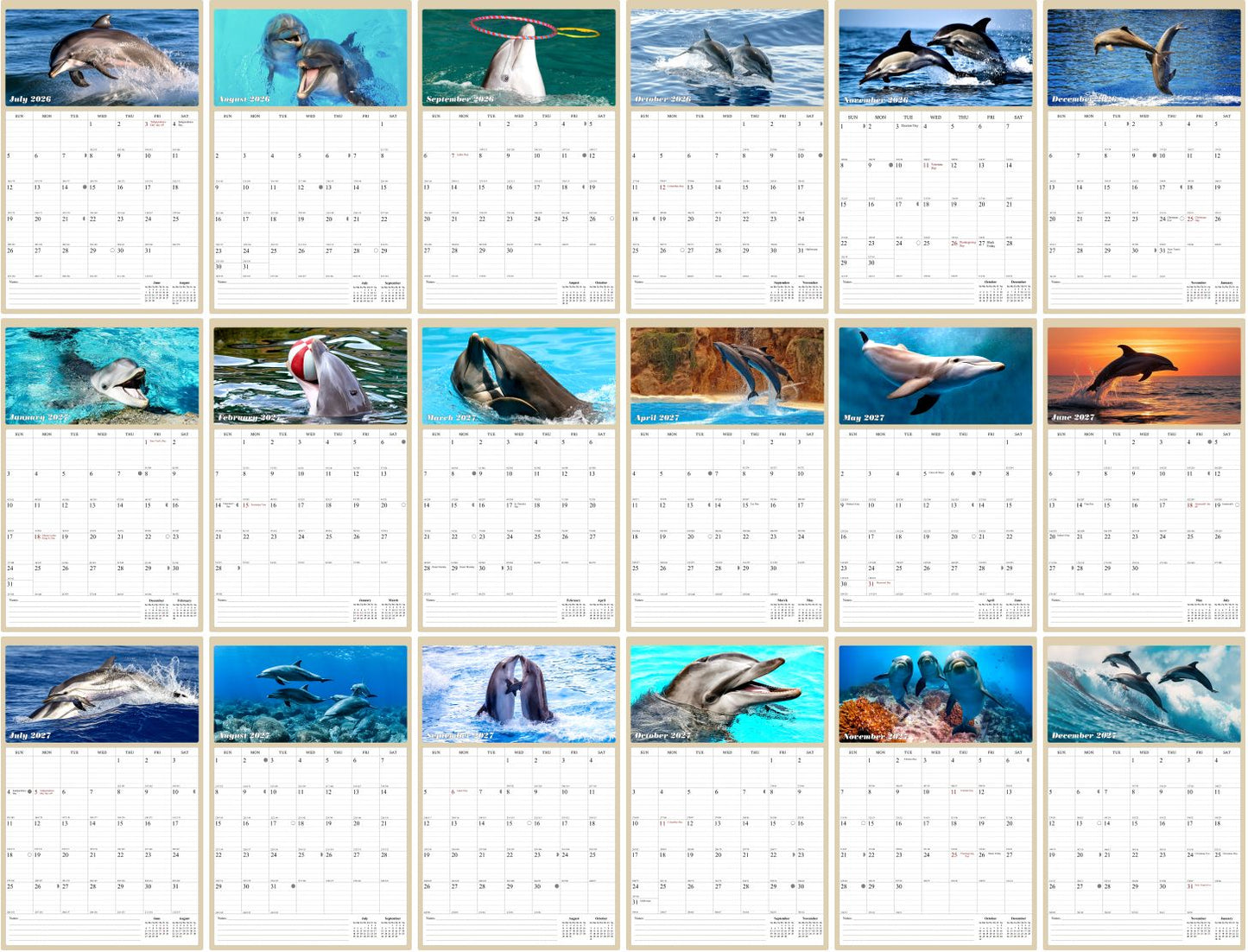 2026 - 2027 Wall Calendar Spiral-bound Twin-Wire Binding - 18 Months Planner - Large Ruled Blocks with Julian Dates - (Dolphins)