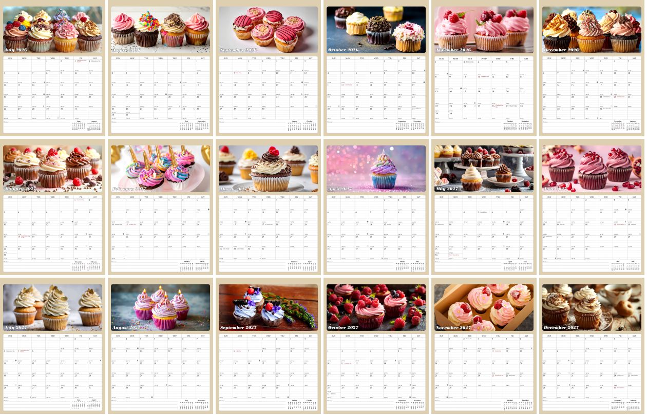 2026 - 2027 Calendar Magnetic Peel & Stick 18 Months 8.5" x 11" Cupcakes