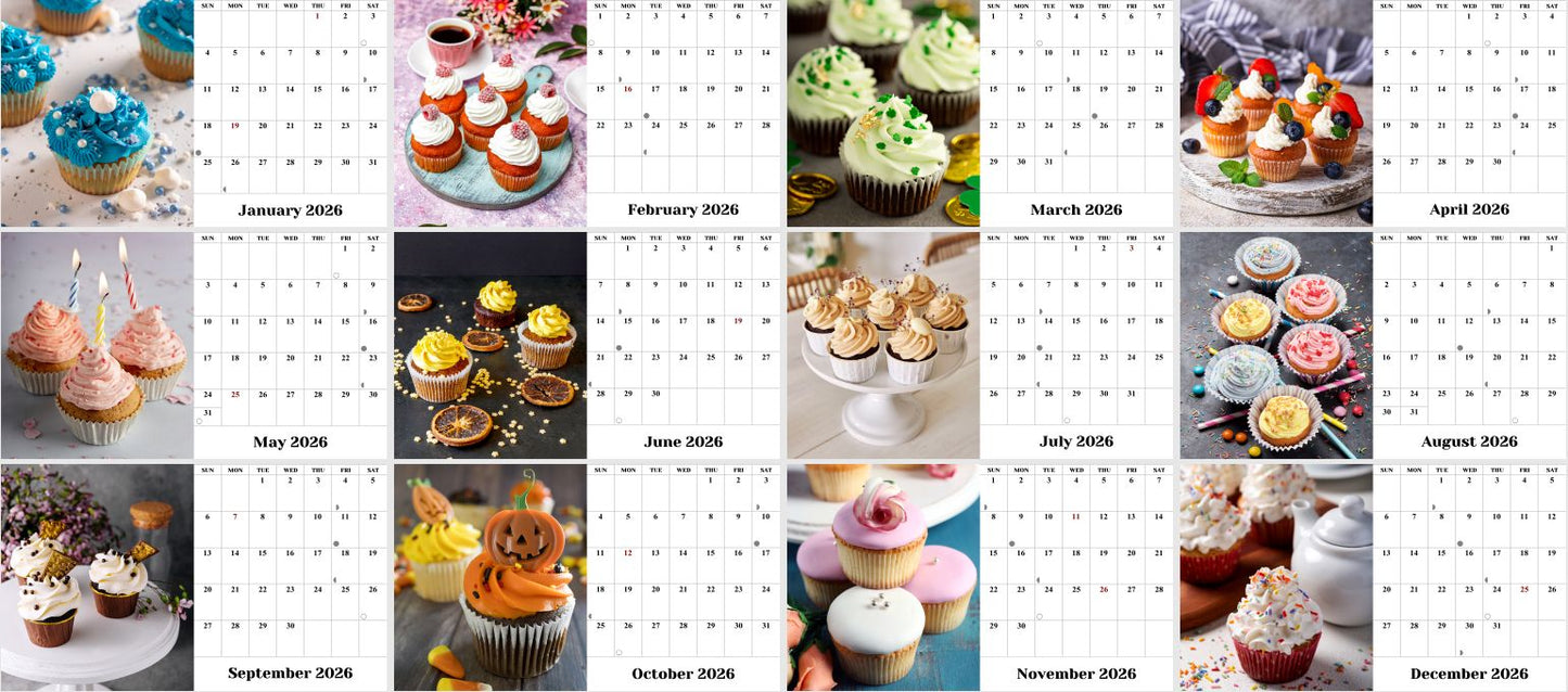2026-12 Months Desk Calendar Desktop Planner with To-Do List (Cupcakes)