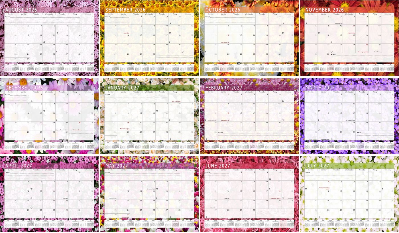 2026 - 2027 Academic Year 12 Months Student Calendar / College Planner for 3-Ring Binder, Desk or Wall -School Supplies - Made in USA -v021
