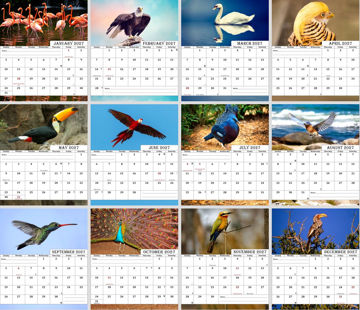 2027-12 Months Desk Calendar Desktop Planner with To-Do List (Birds)