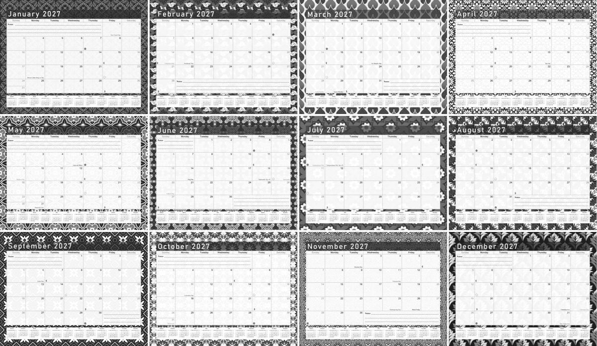 2026-2027 Monthly Spiral-Bound Wall/Desk Calendar - Desktop/Wall Blotter Calendar/Planner - (Edition B&W #017)