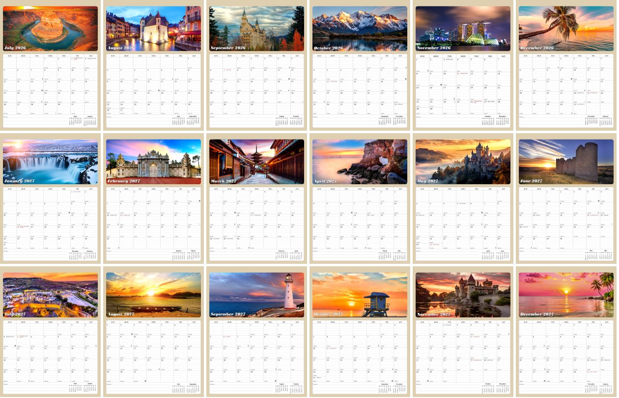 2026 - 2027 Calendar Magnetic Peel & Stick 18 Months 8.5" x 11" Sunset&Sunrise