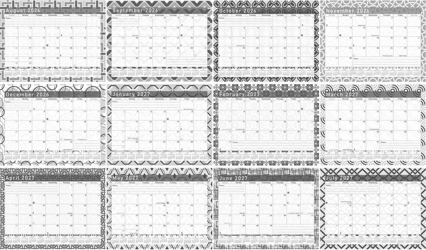 2026 - 2027 Academic Year 12 Months Student Calendar 3-Ring Binder - Back&White - (Edition #014)