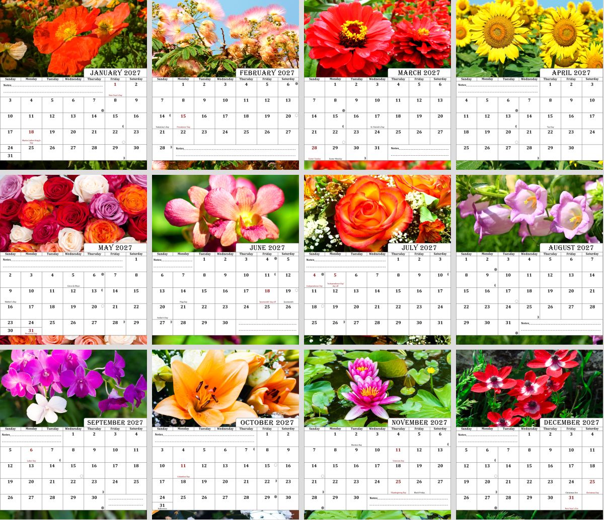 2027-12 Months Desk Calendar Desktop Planner with To-Do List (Flowers)