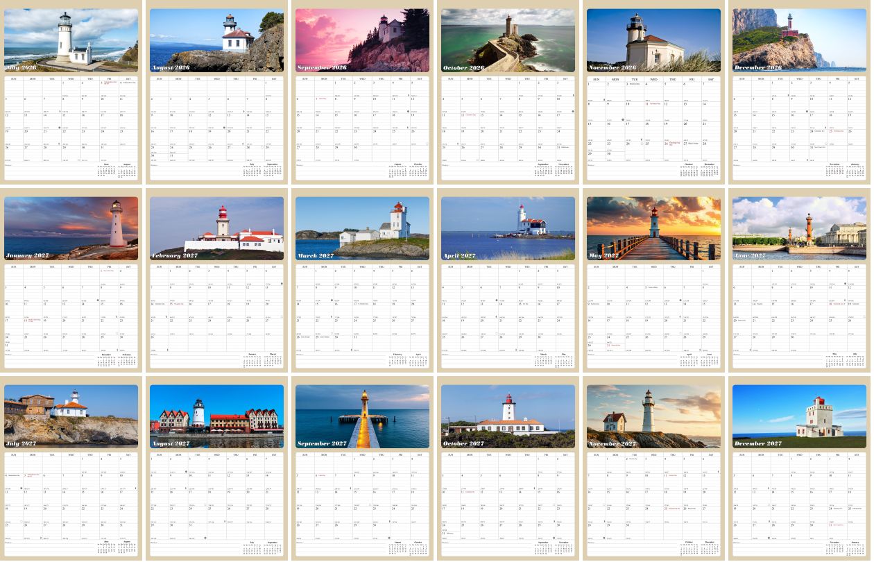 2026 - 2027 Calendar Magnetic Peel & Stick 18 Months 8.5" x 11" Lighthouses