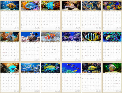 2025 - 2026 Wall Calendar Spiral-bound Twin-Wire Binding - 18 Months Planner - Large Ruled Blocks with Julian Dates - (Tropical Fishes)