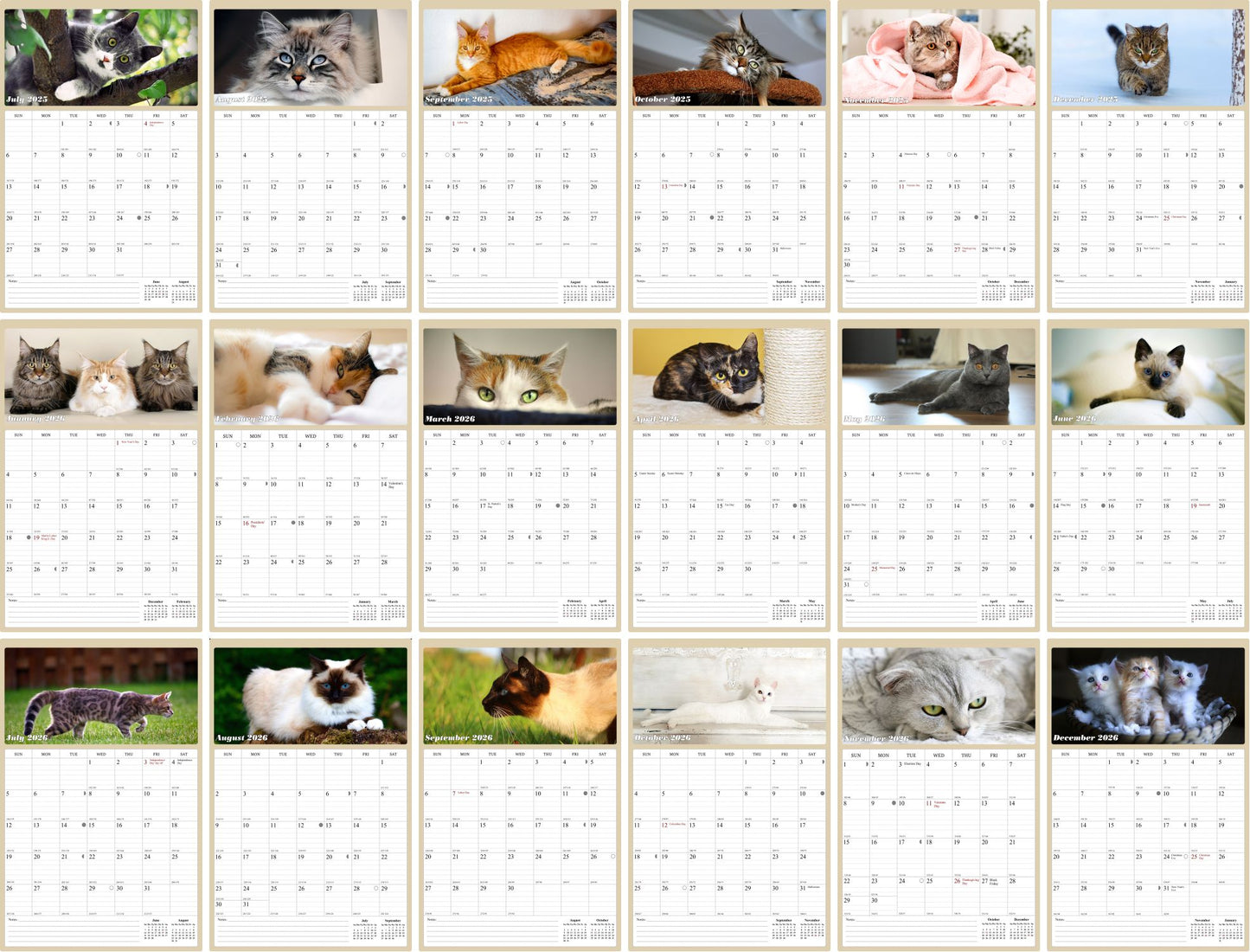 2025 - 2026 Wall Calendar Spiral-bound Twin-Wire Binding - 18 Months Planner - Large Ruled Blocks with Julian Dates - (Cats)