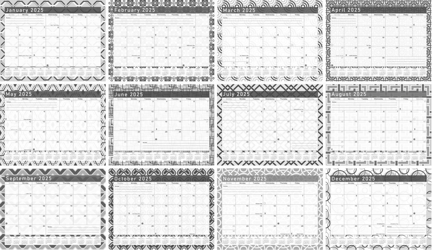 2024-2025 Monthly Spiral-Bound Wall/Desk Calendar - Desktop/Wall Blotter Calendar/Planner - (Edition Geometric B&W #04)