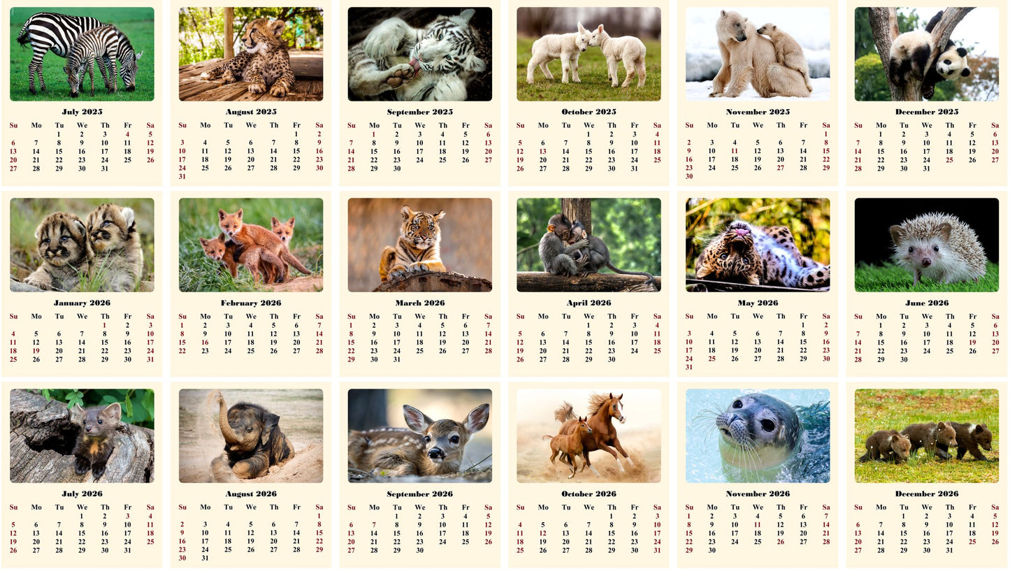 2025-2026 CD-Style Desk Calendar 18 Months Calendar (Baby Animals)
