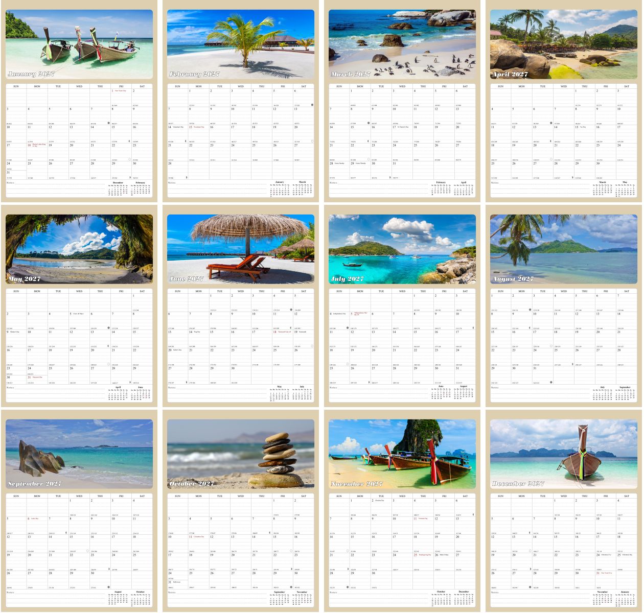 2027 Calendar Magnetic Peel & Stick 12 Months 8.5" x 11" Beaches