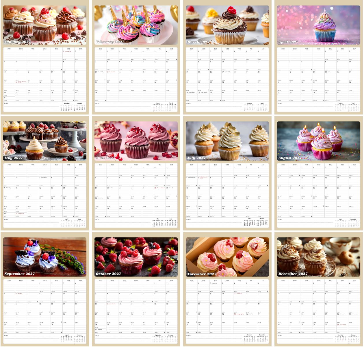 2027 Calendar Magnetic Peel & Stick 12 Months 8.5" x 11" Cupcakes