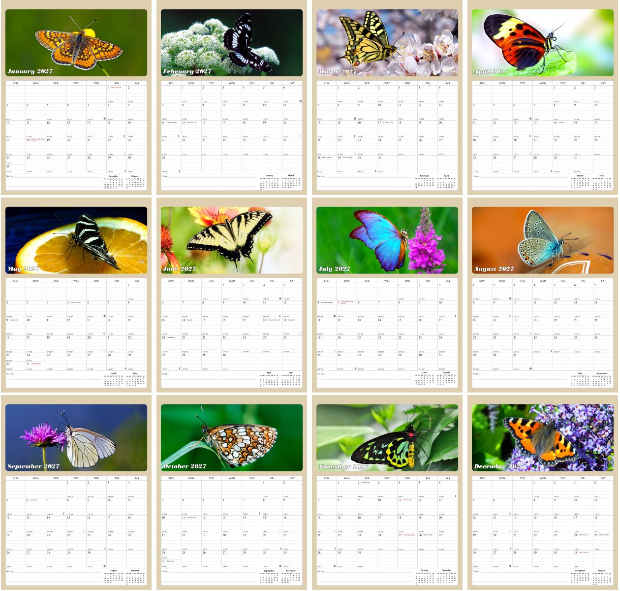 2027 Wall Calendar Spiral-bound Twin-Wire Binding - 12 Months Planner - Large Ruled Blocks with Julian Dates - (Butterfly)