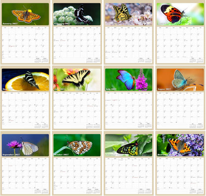 2027 Wall Calendar Spiral-bound Twin-Wire Binding - 12 Months Planner - Large Ruled Blocks with Julian Dates - (Butterfly)