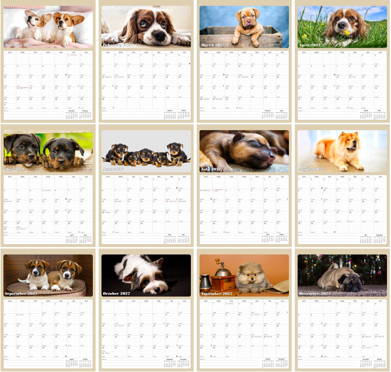 2027 Wall Calendar Spiral-bound Twin-Wire Binding - 12 Months Planner - Large Ruled Blocks with Julian Dates - (Dogs)