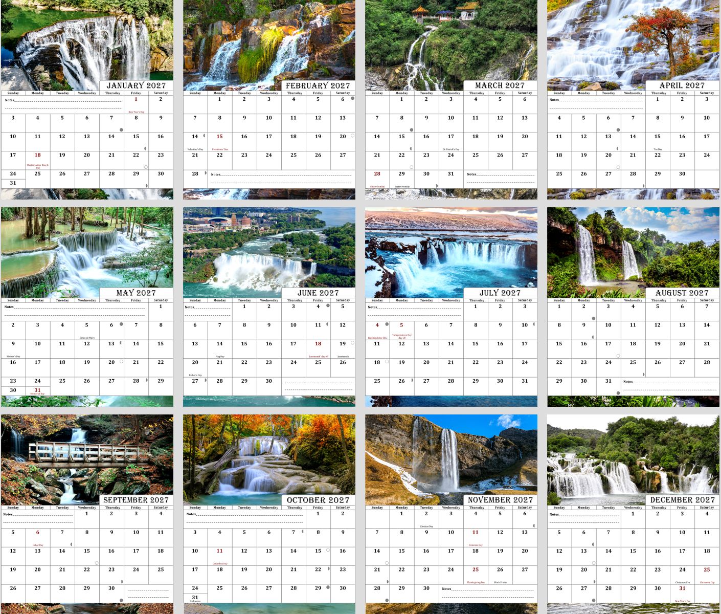 2027 CD-Style Desk Calendar 12 Months Calendar (Waterfalls)