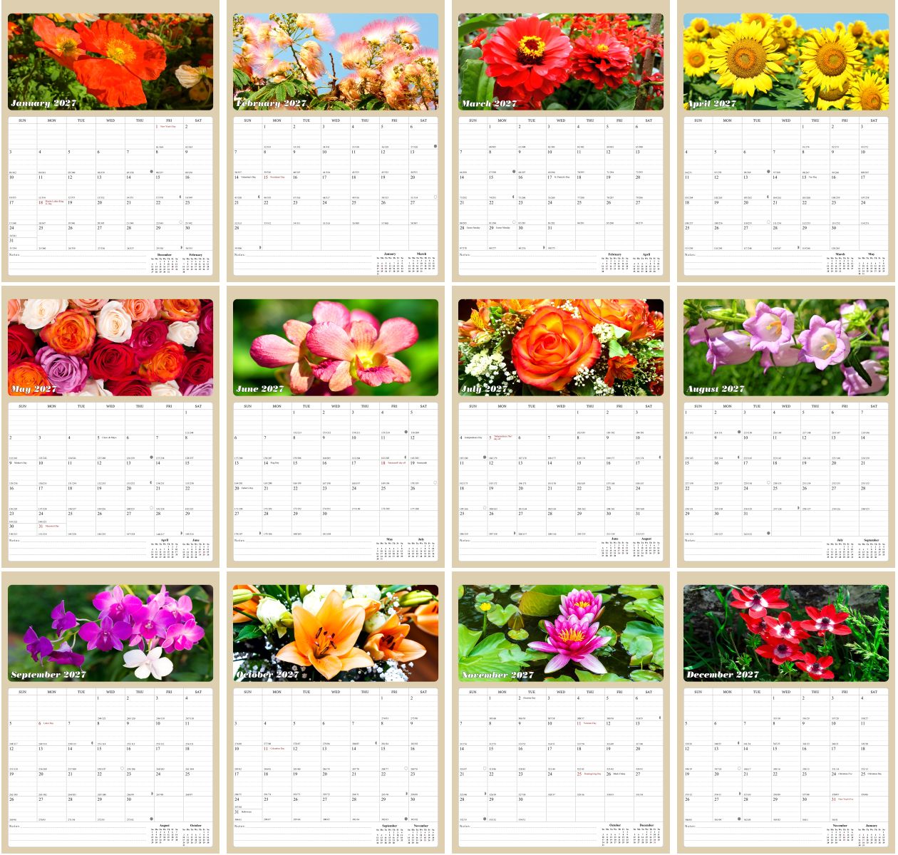 2027 Calendar Magnetic Peel & Stick 12 Months 8.5" x 11" Flowers