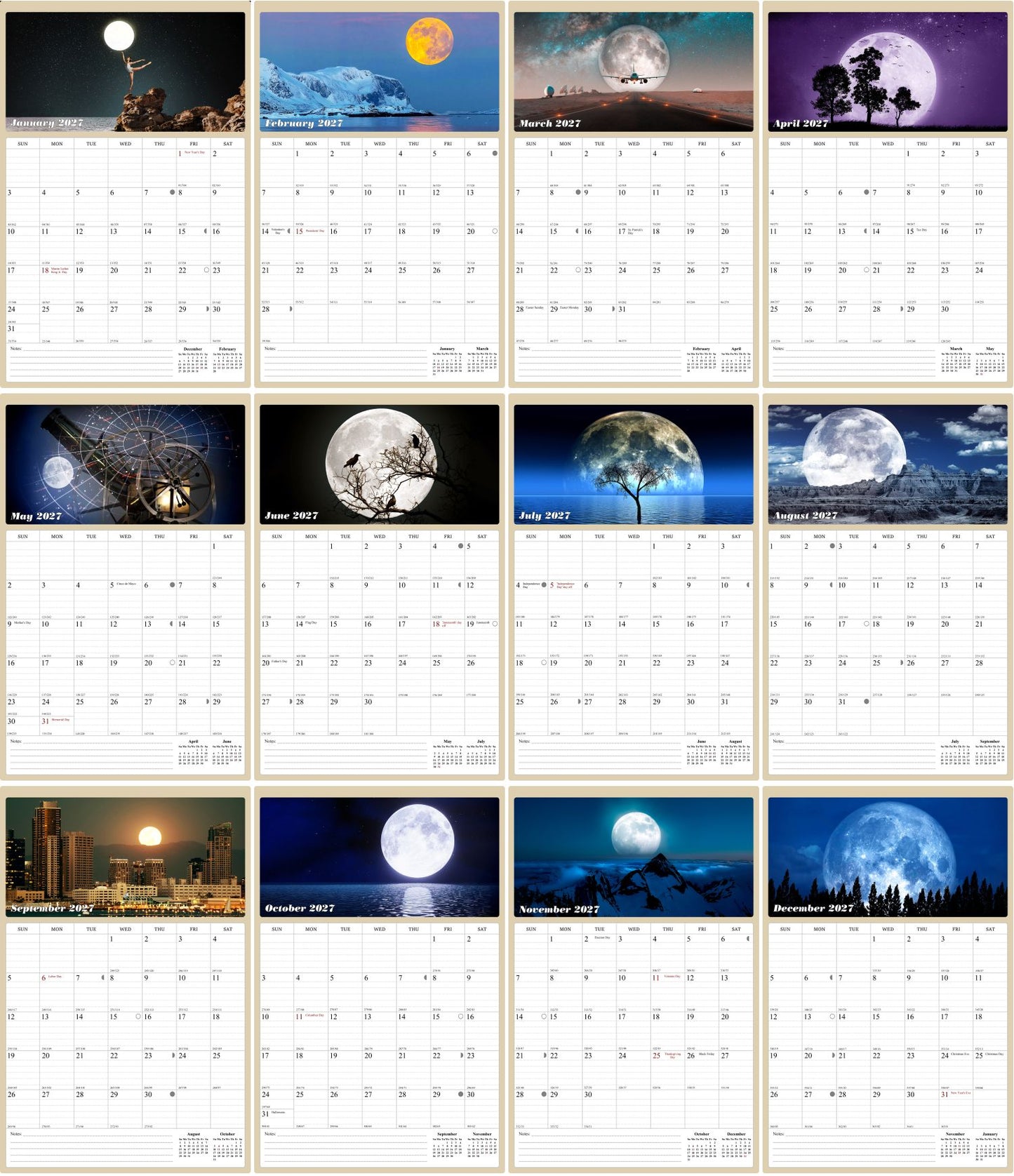 2027 Wall Calendar Spiral-bound Twin-Wire Binding - 12 Months Planner - Large Ruled Blocks with Julian Dates - (Lunar)
