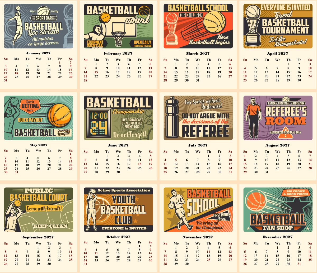 2027 CD-Style Desk Calendar 12 Months Calendar (Basketball)