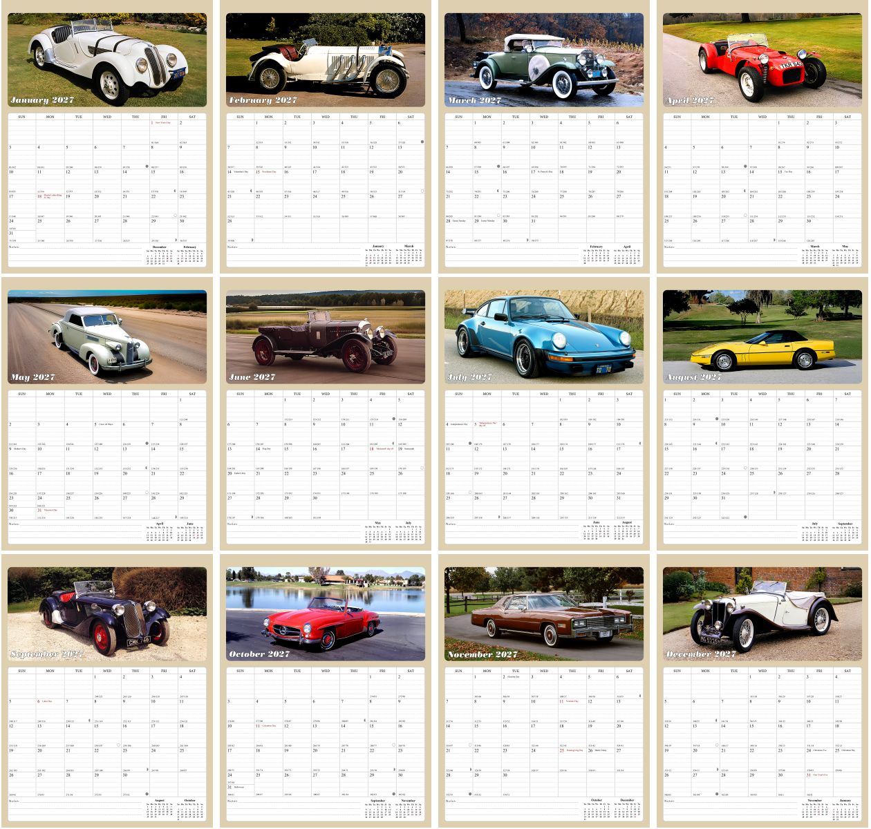 2027 Calendar Magnetic Peel & Stick 12 Months 8.5" x 11" Classic Cars
