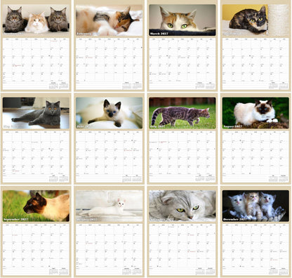 2027 Wall Calendar Spiral-bound Twin-Wire Binding - 12 Months Planner - Large Ruled Blocks with Julian Dates - (Cats)