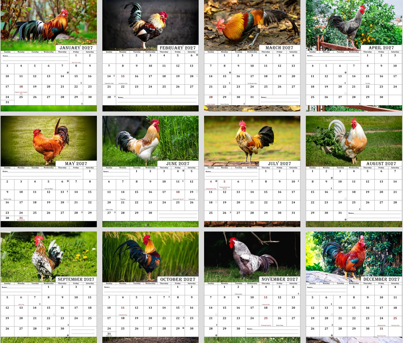 2027 CD-Style Desk Calendar 12 Months Calendar (Roosters)