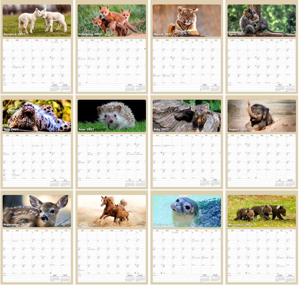 2027 Calendar Magnetic Peel & Stick 12 Months 8.5" x 11" Baby Animals