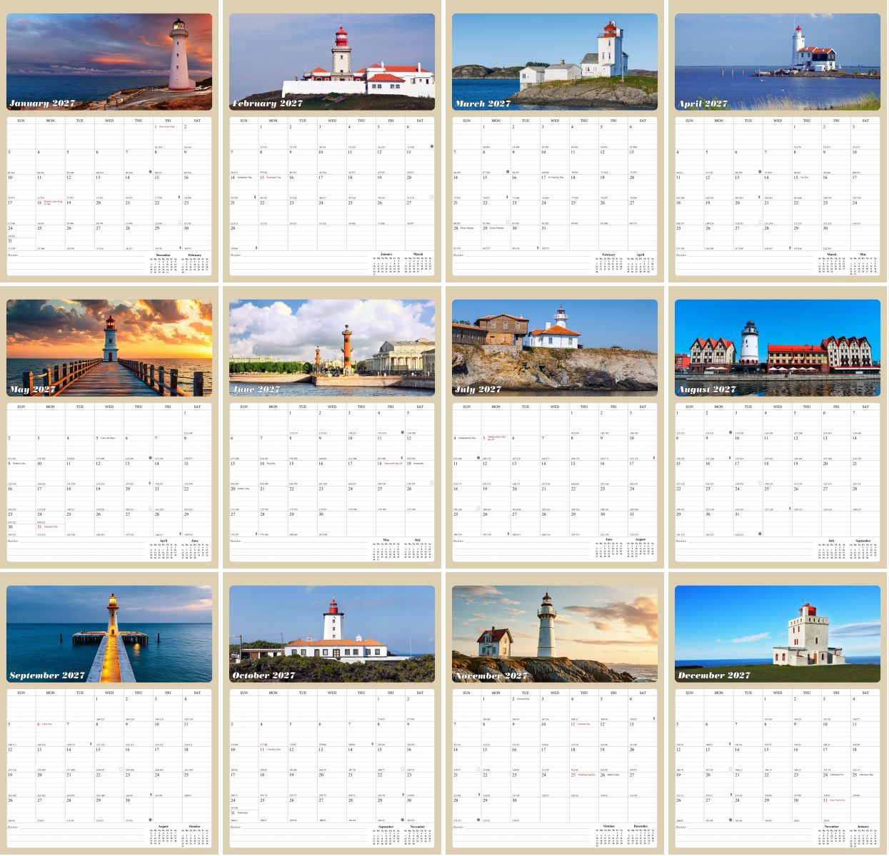 2027 Calendar Magnetic Peel & Stick 12 Months 8.5" x 11" Lighthouses