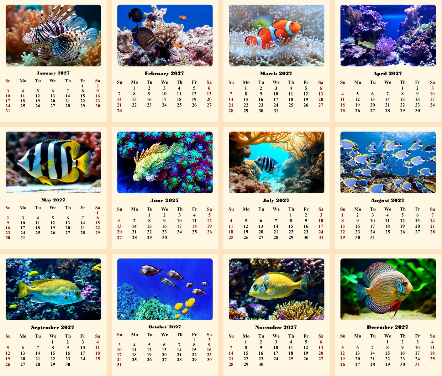 2027 CD-Style Desk Calendar 12 Months Calendar (Tropical Fishes)