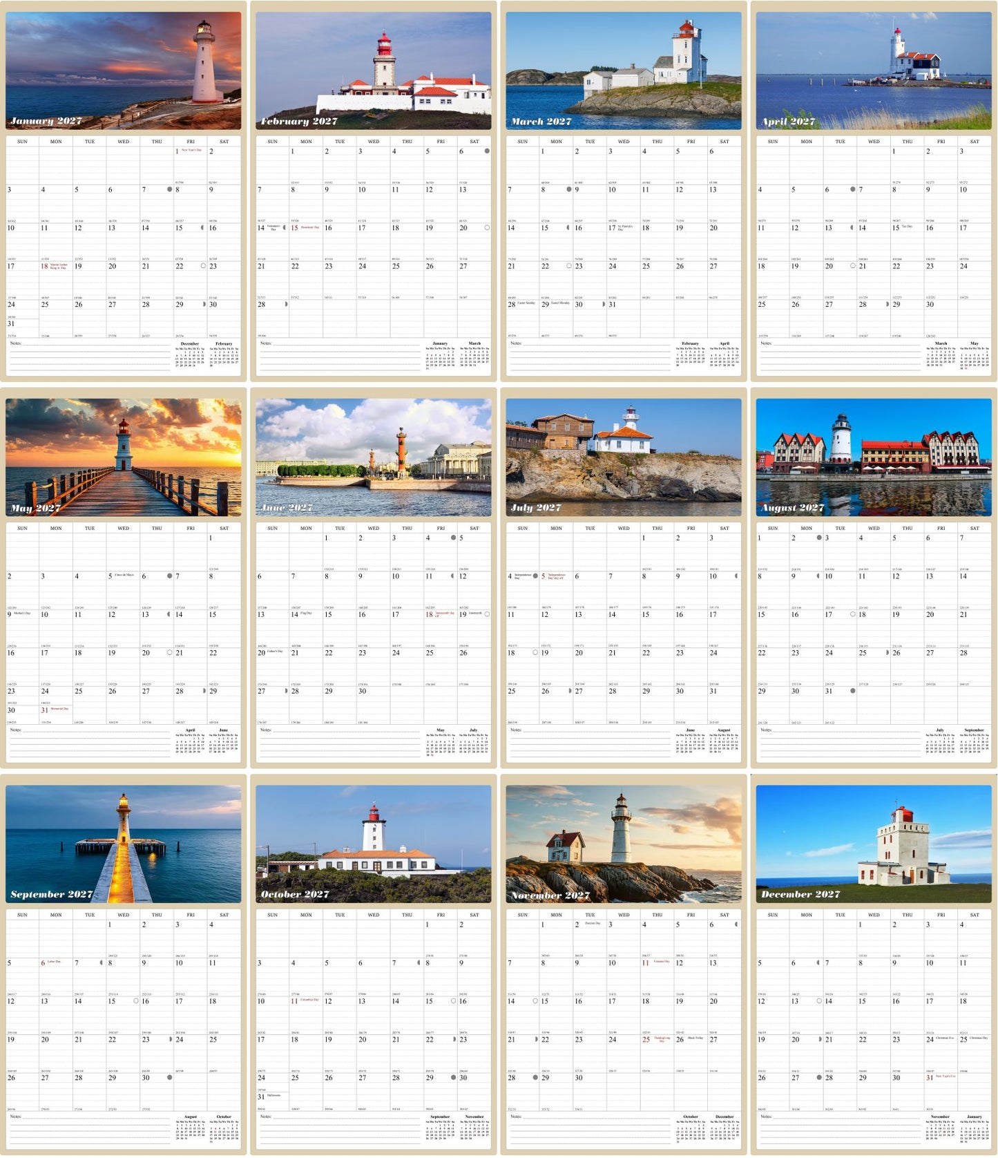2027 Wall Calendar Spiral-bound Twin-Wire Binding - 12 Months Planner - Large Ruled Blocks with Julian Dates - (Lighthouses)