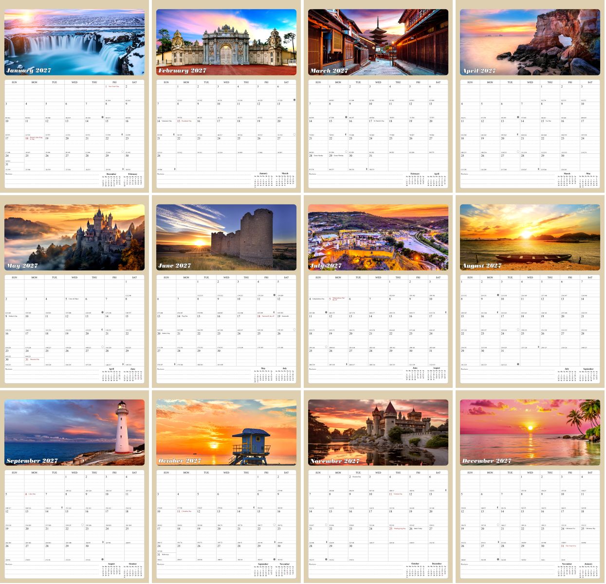 2027 Calendar Magnetic Peel & Stick 12 Months 8.5" x 11" Sunset&Sunrise