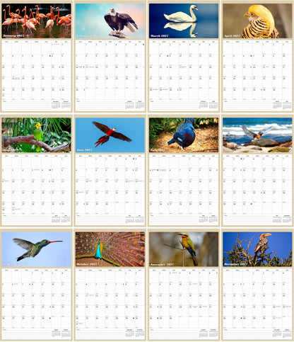 2027 Wall Calendar Spiral-bound Twin-Wire Binding - 12 Months Planner - Large Ruled Blocks with Julian Dates - (Birds)