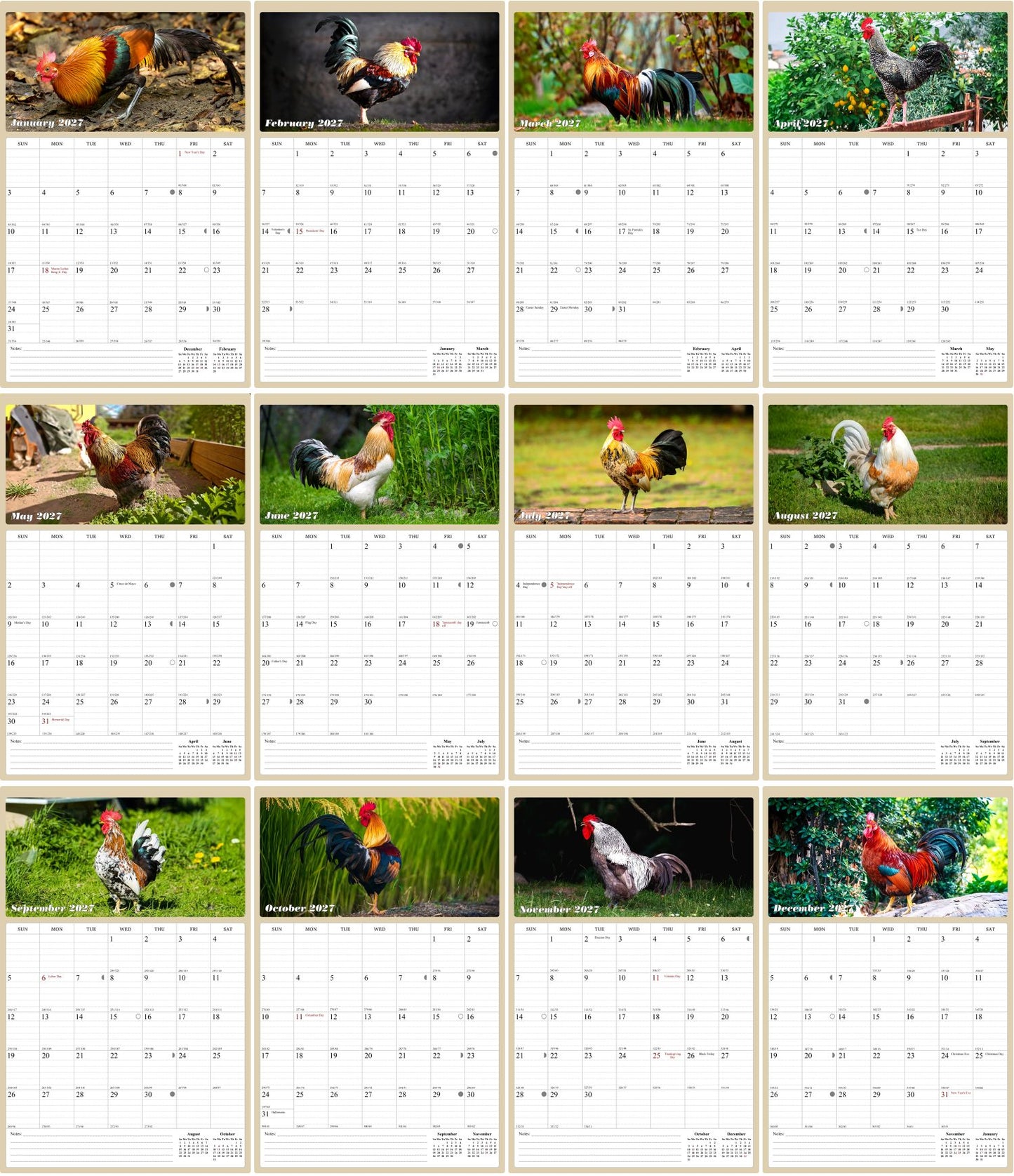 2027 Wall Calendar Spiral-bound Twin-Wire Binding - 12 Months Planner - Large Ruled Blocks with Julian Dates - (Roosters)