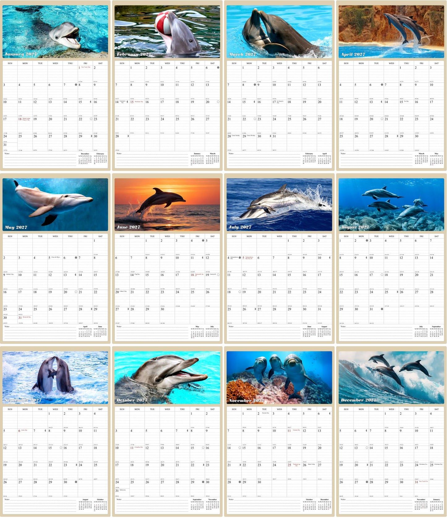 2027 Wall Calendar Spiral-bound Twin-Wire Binding - 12 Months Planner - Large Ruled Blocks with Julian Dates - (Dolphins)