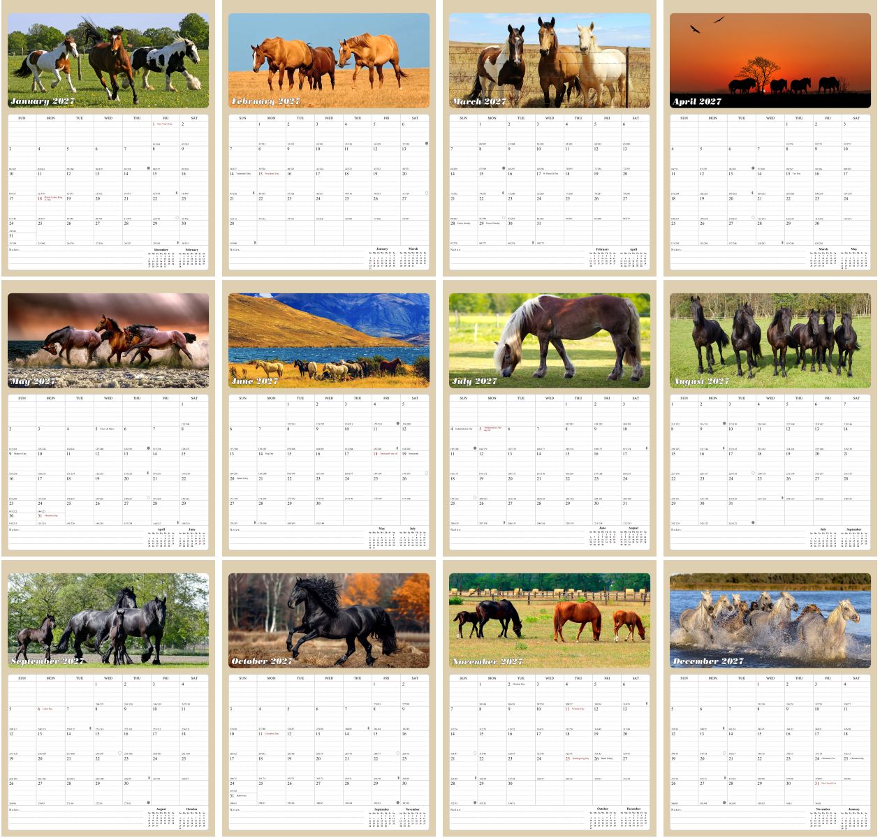 2027 Wall Calendar Spiral-bound Twin-Wire Binding - 12 Months Planner - Large Ruled Blocks with Julian Dates - (Horses)