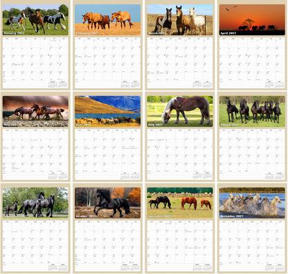 2027 Wall Calendar Spiral-bound Twin-Wire Binding - 12 Months Planner - Large Ruled Blocks with Julian Dates - (Horses)