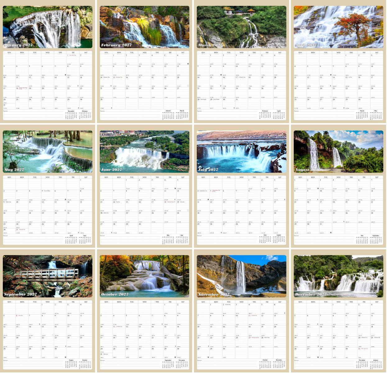 2027 Calendar Magnetic Peel & Stick 12 Months 8.5" x 11" Waterfalls