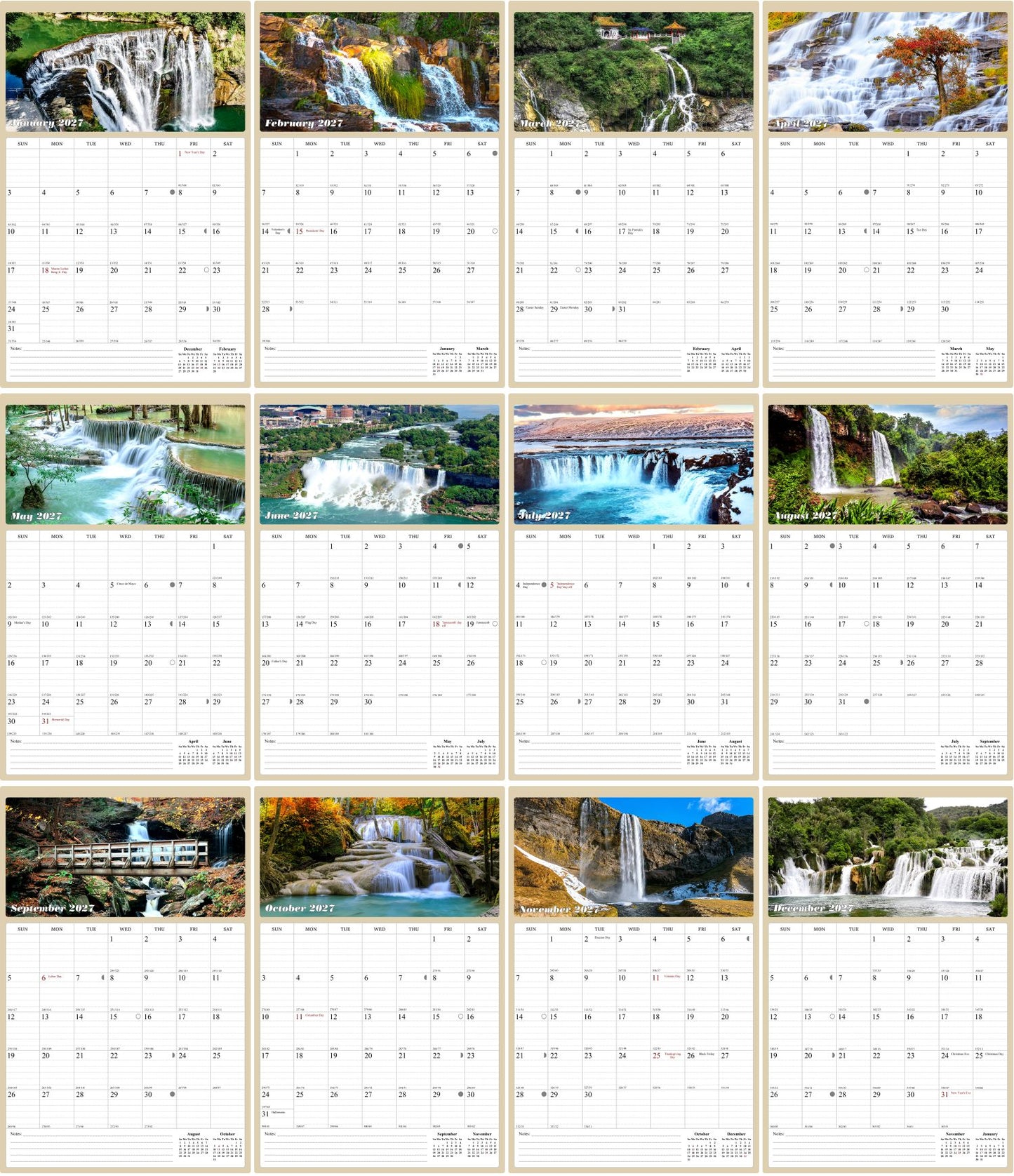 2027 Wall Calendar Spiral-bound Twin-Wire Binding - 12 Months Planner - Large Ruled Blocks with Julian Dates - (Waterfalls)