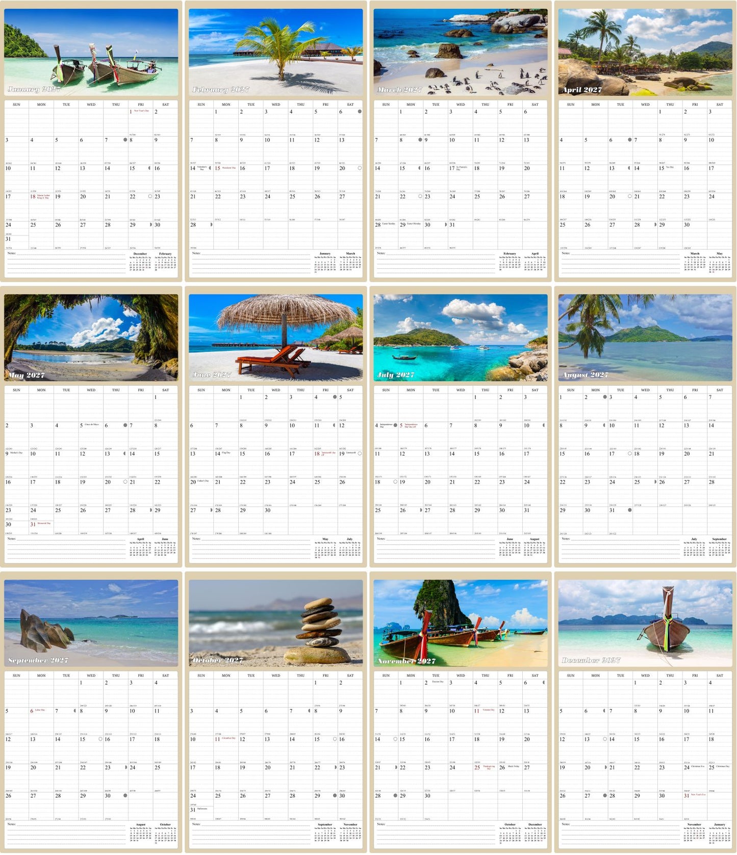 2027 Wall Calendar Spiral-bound Twin-Wire Binding - 12 Months Planner - Large Ruled Blocks with Julian Dates - (Beaches)