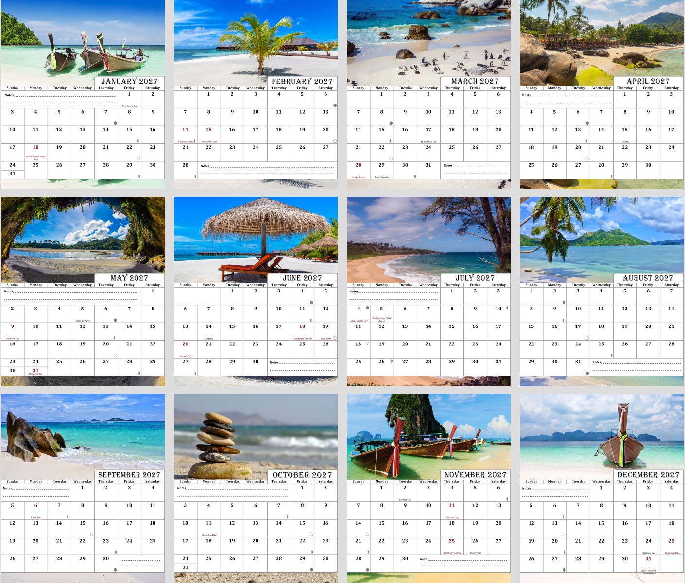 2027 CD-Style Desk Calendar 12 Months Calendar (Beaches)