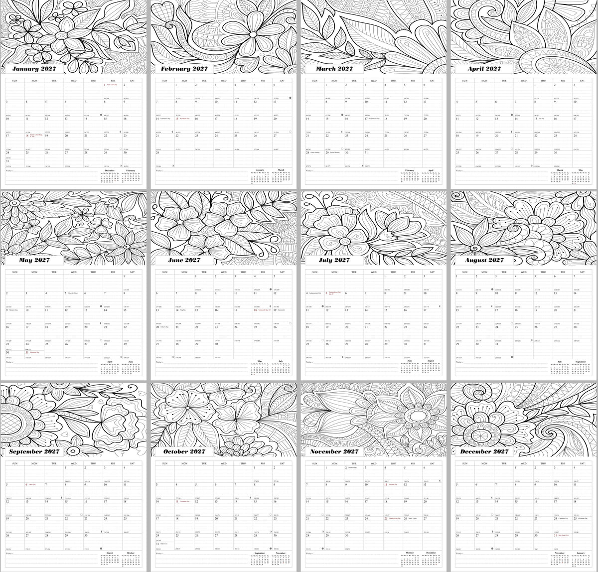 2027 Wall Coloring Calendar Spiral-bound Twin-Wire Binding - 12 Months Planner - Large Ruled Blocks with Julian Dates - (Flowers)