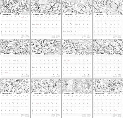 2027 Wall Coloring Calendar Spiral-bound Twin-Wire Binding - 12 Months Planner - Large Ruled Blocks with Julian Dates - (Flowers)